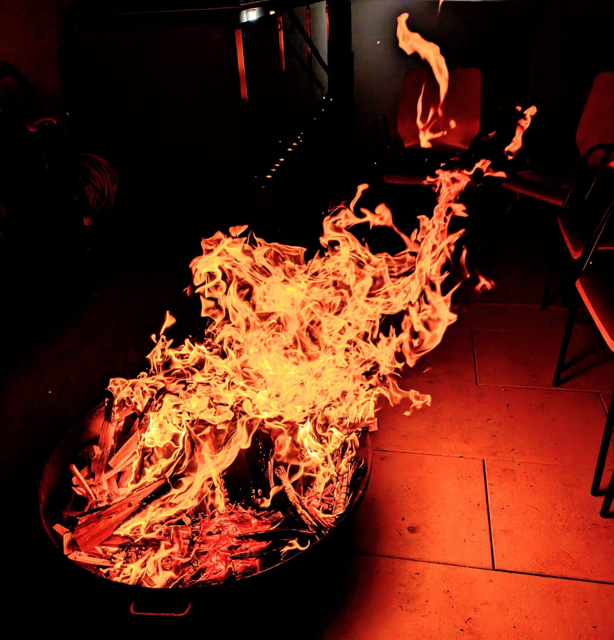 Fire burning in a container