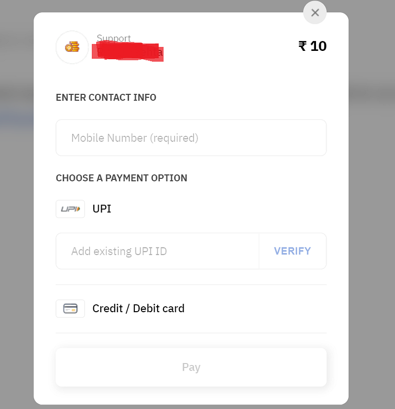 Scrollstack accept payments via UPI or Credit/Debit cards